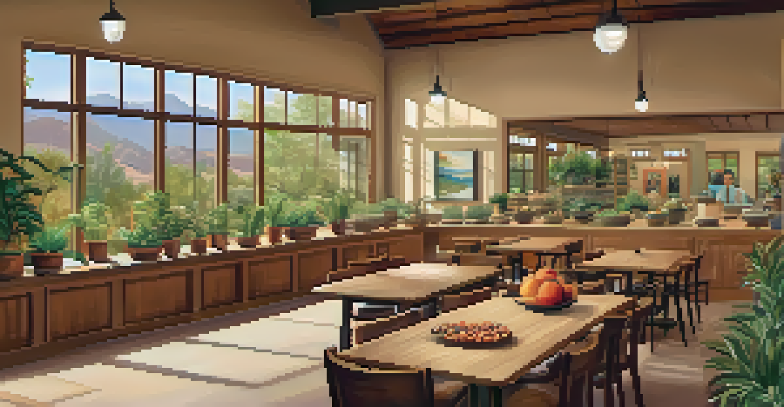 Interior of a wellness center in Sedona with a table for a nutrition workshop surrounded by plants.