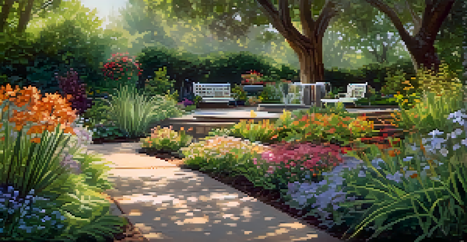 A peaceful community garden with pathways, native plants, and a seating area under a tree, illuminated by sunlight.
