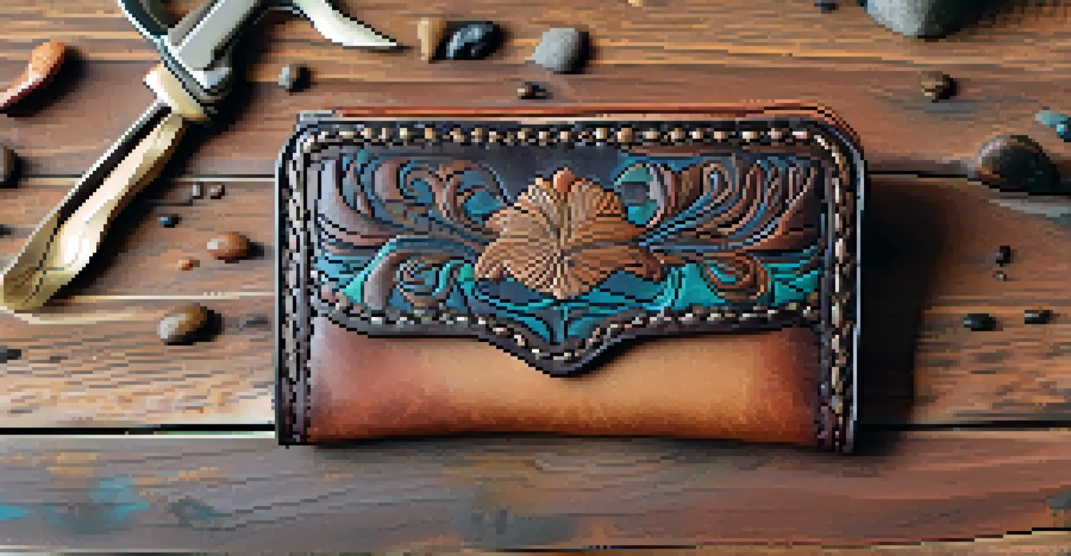 A close-up view of a handcrafted leather wallet with intricate details displayed at Sedona's farmers' market.