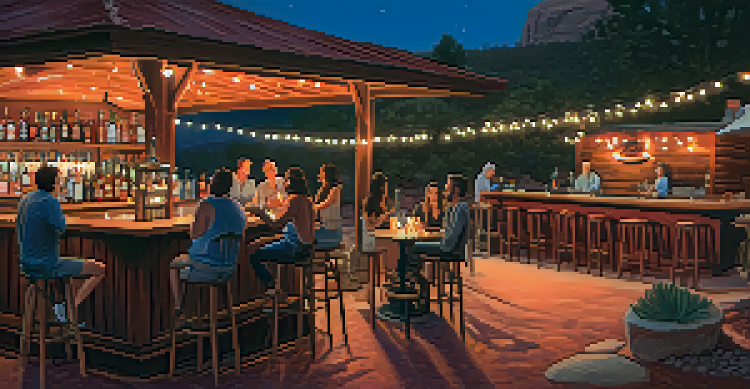 An outdoor bar in Sedona with wooden furniture, string lights, and red rock formations at twilight.
