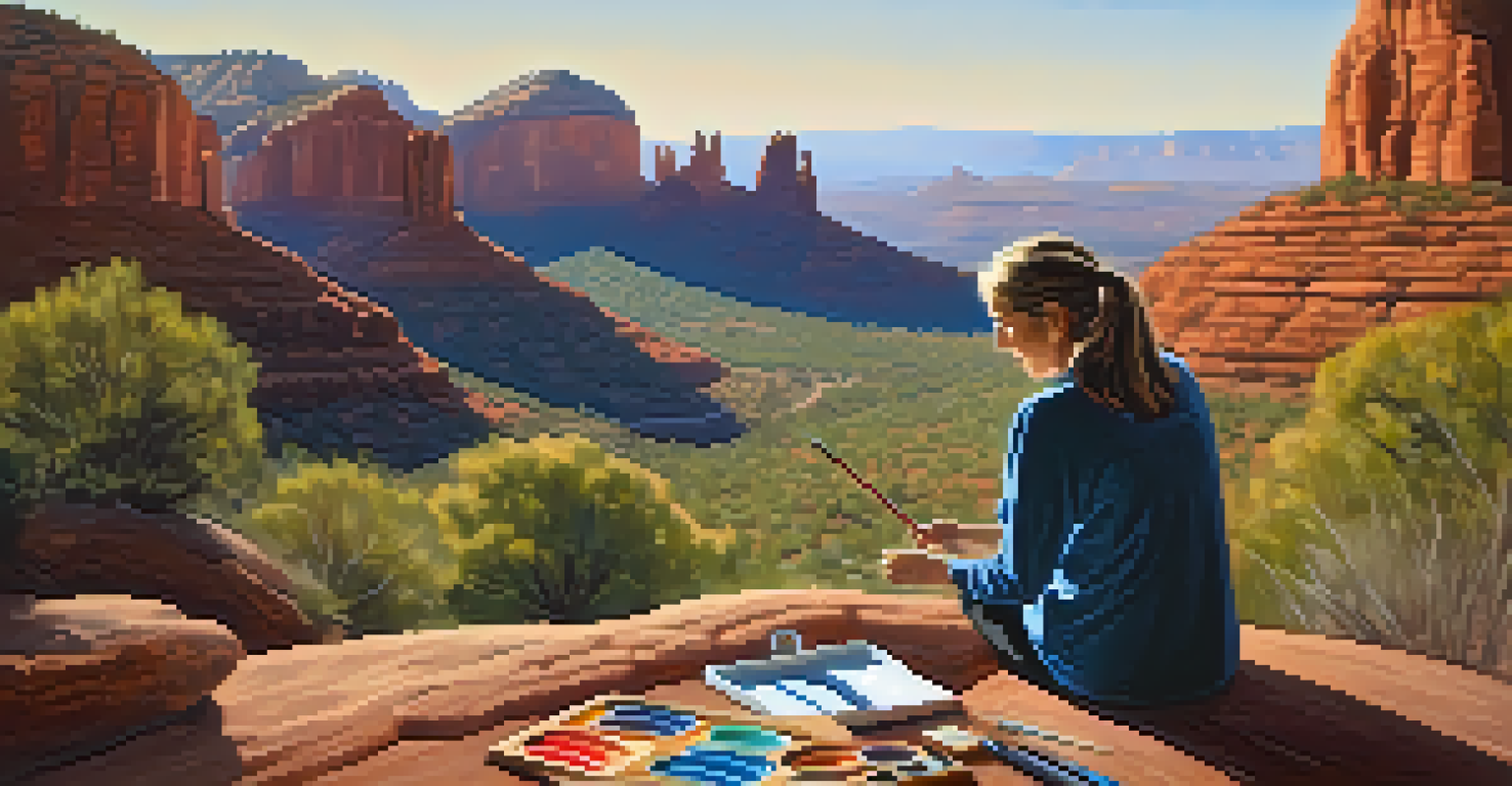 An artist painting outdoors in Sedona, with red rock formations in the background during the golden hour.