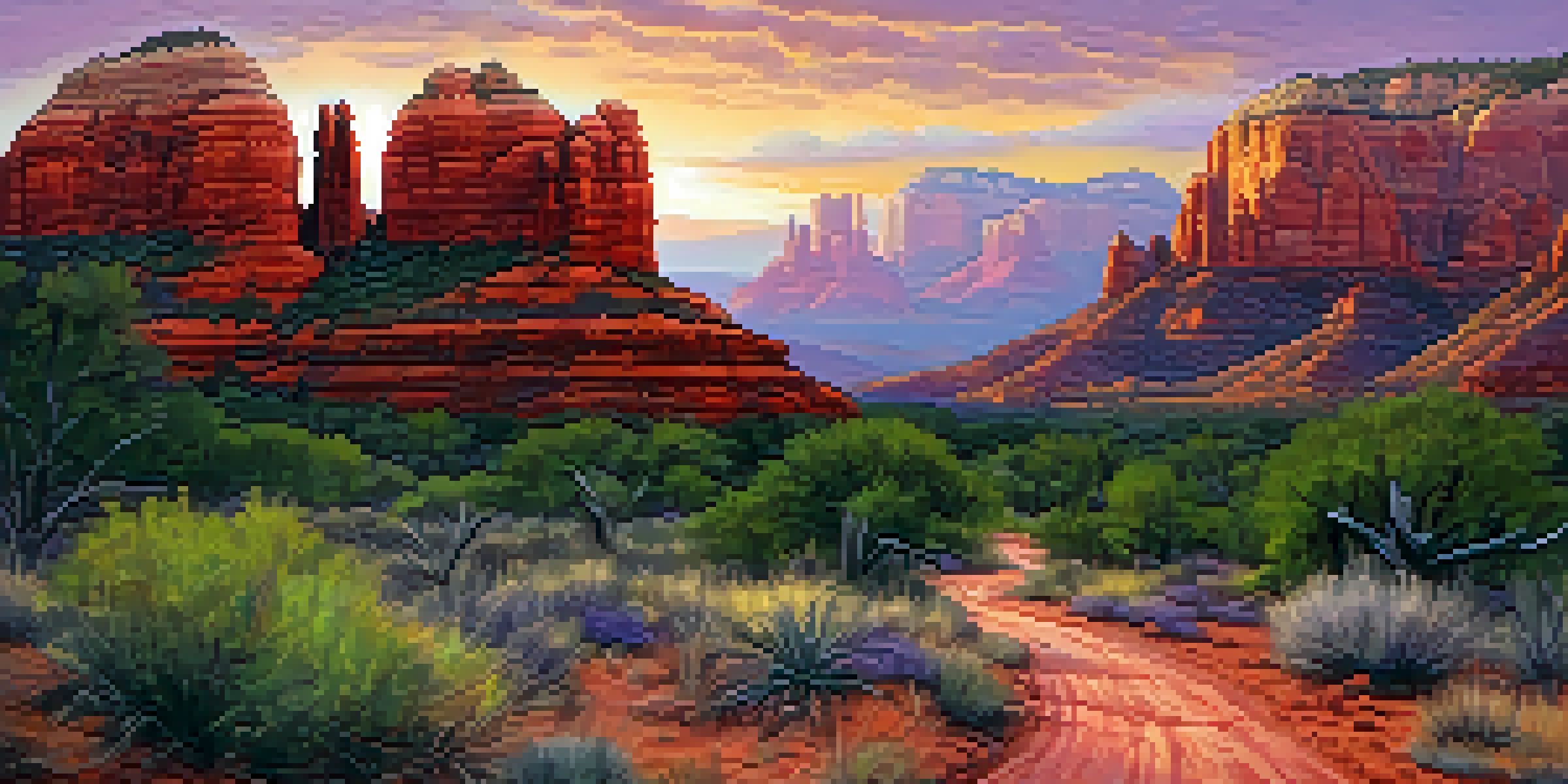A picturesque sunset over Sedona's red rock formations, with colorful sky and greenery in the foreground.