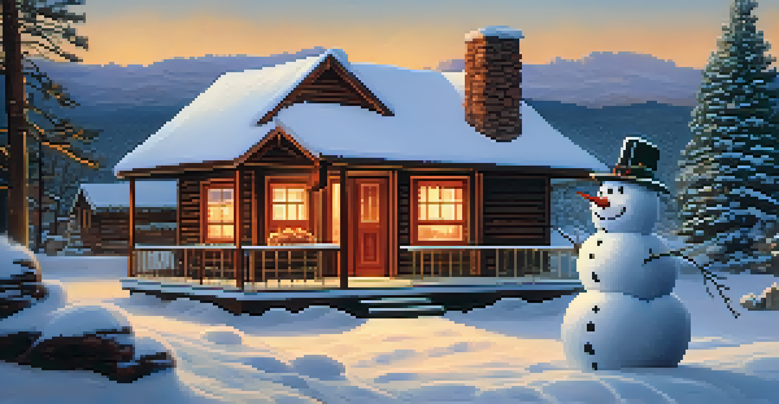 A cozy cabin in Sedona with snow-covered trees, warm lights, and children playing in the snow.