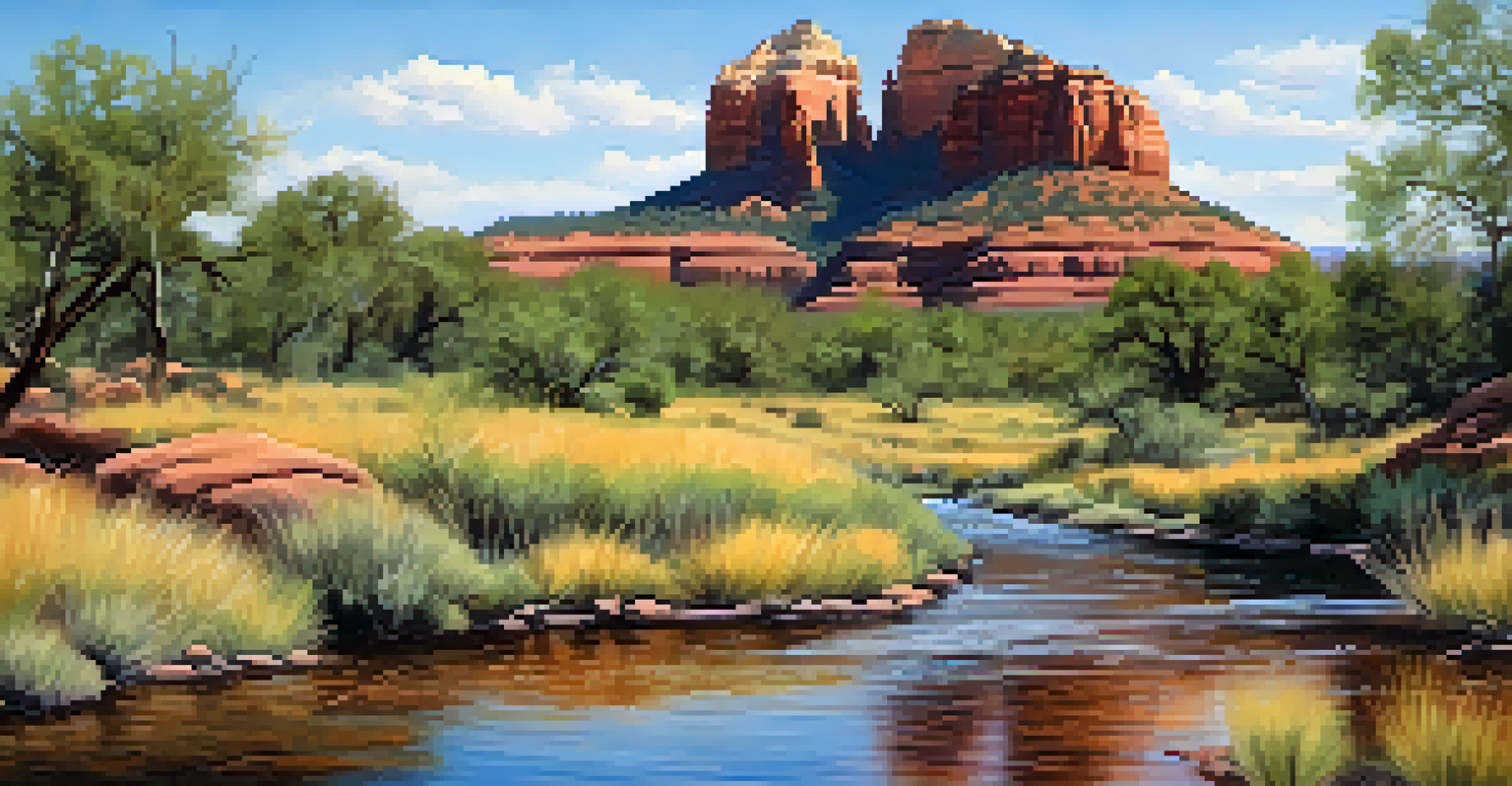 A peaceful view of Bell Rock in Sedona, with wildflowers and a stream in the foreground.