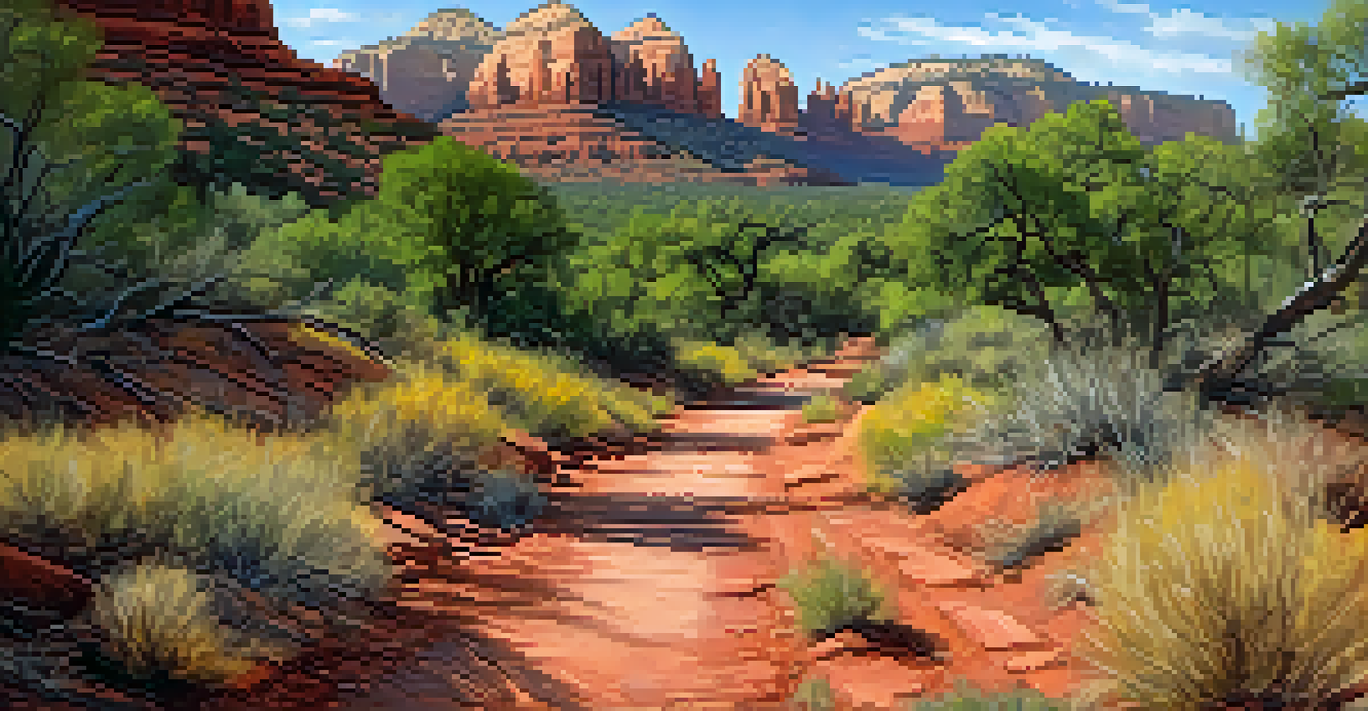 A serene hiking trail surrounded by Sedona's red rock formations, with greenery and sunlight filtering through the trees, creating a peaceful atmosphere.