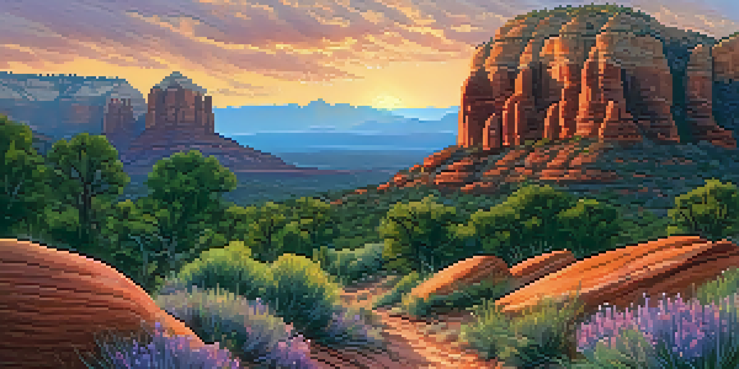 A beautiful sunset over Sedona's red rock formations, with a winding hiking trail and wildflowers in the foreground.