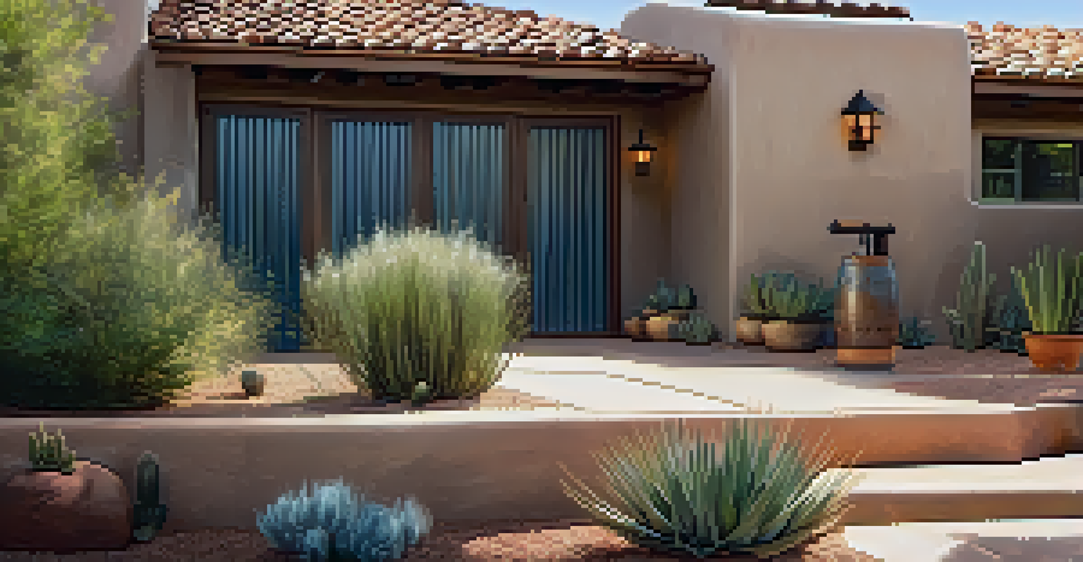 A close-up view of a rainwater harvesting system surrounded by drought-resistant plants in a Sedona backyard.