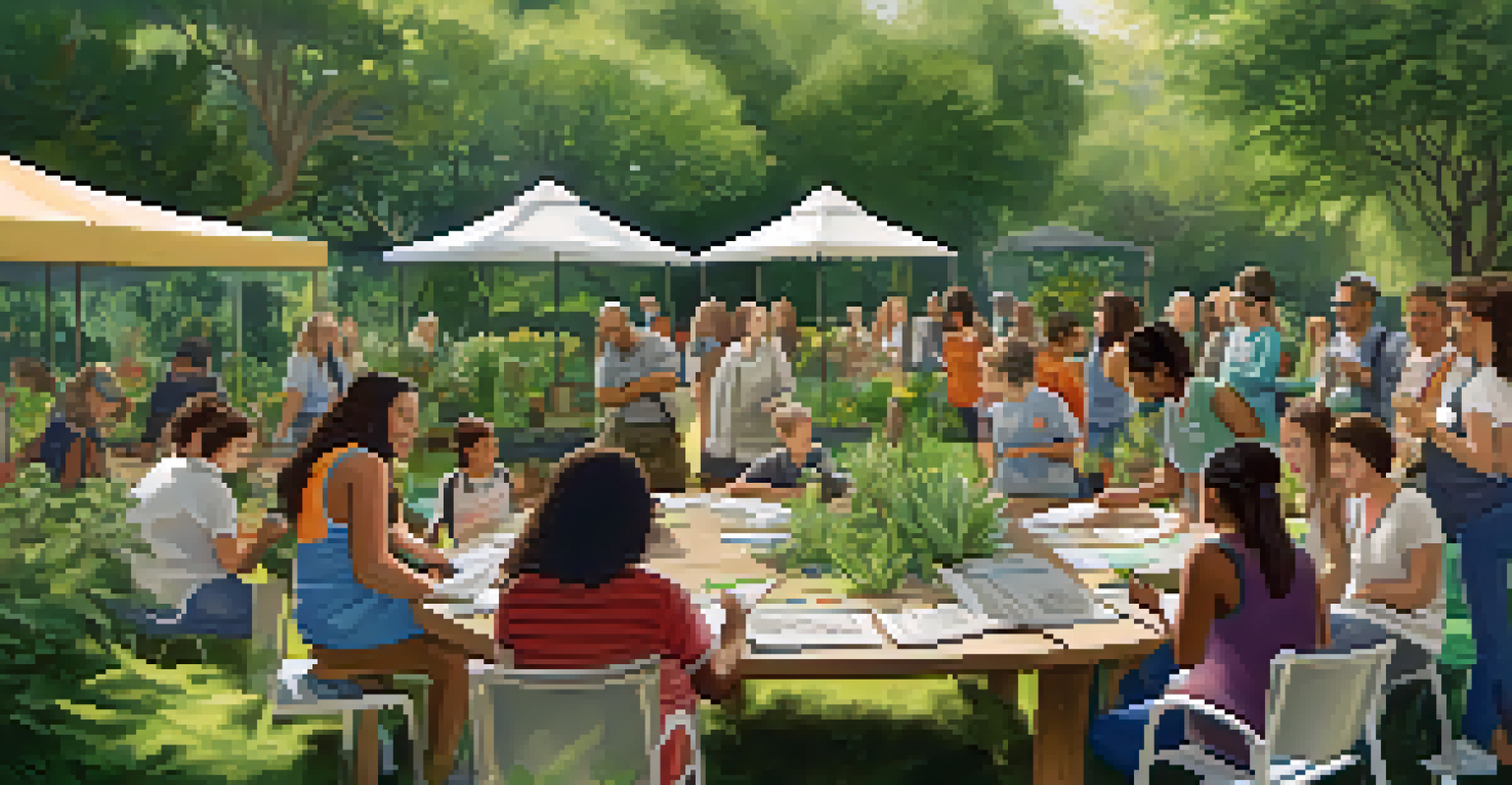A volunteer leading an educational workshop in a garden, with participants engaged and native plants on display.