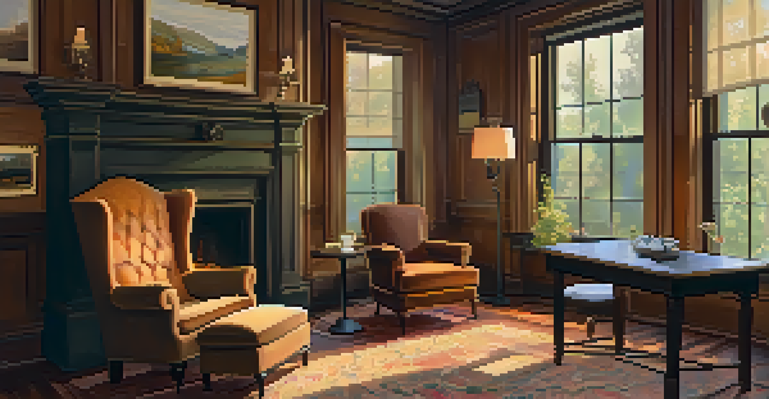 The interior of a historic inn with hardwood floors, vintage decor, and a cozy reading nook by the window.