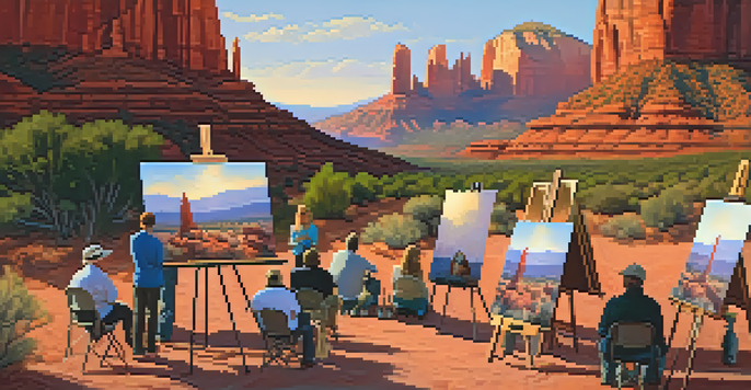 A group of artists painting in the outdoors of Sedona, surrounded by red rock formations and a colorful sunset sky.