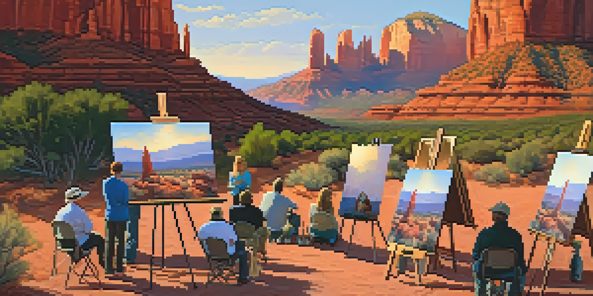 A group of artists painting in the outdoors of Sedona, surrounded by red rock formations and a colorful sunset sky.