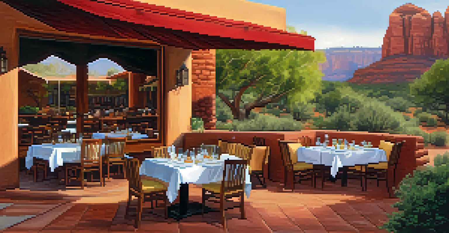 An outdoor dining area in Sedona with spacious seating and a view of red rock formations, showcasing colorful dishes on the table.