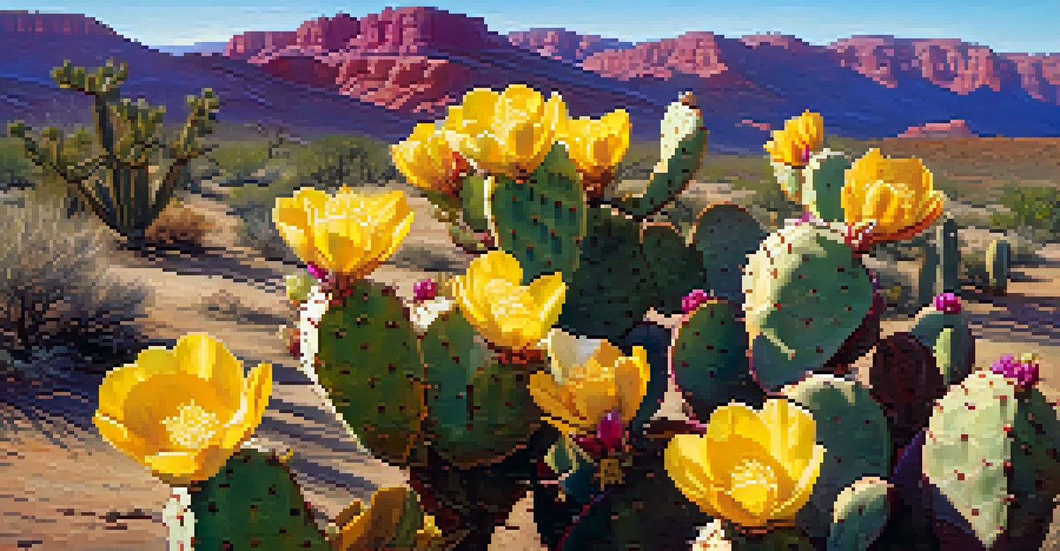 A close-up of a blooming prickly pear cactus with bright flowers against the desert background.