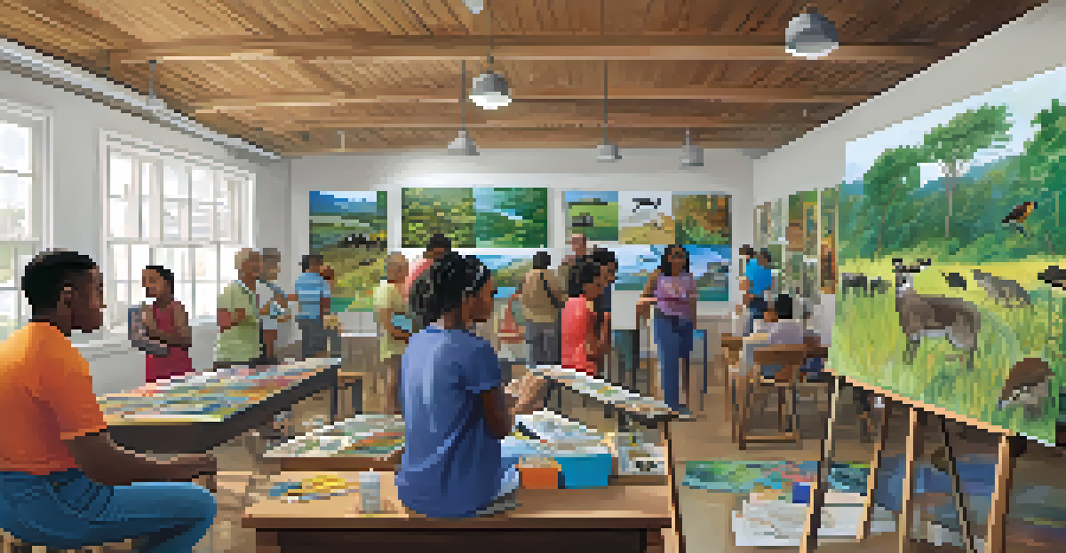 A lively community workshop focused on wildlife conservation, with residents engaging in activities and listening to an expert in a colorful environment.