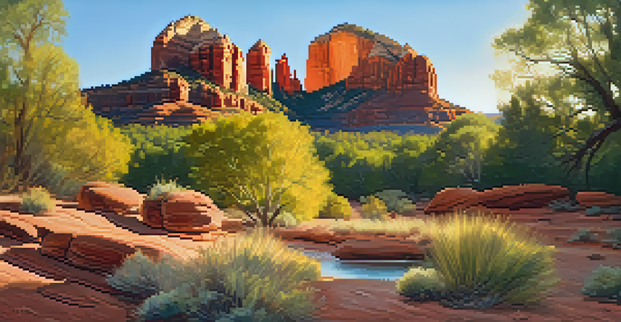 A tranquil morning scene at Cathedral Rock with a yoga mat and crystals, illuminated by warm sunlight.
