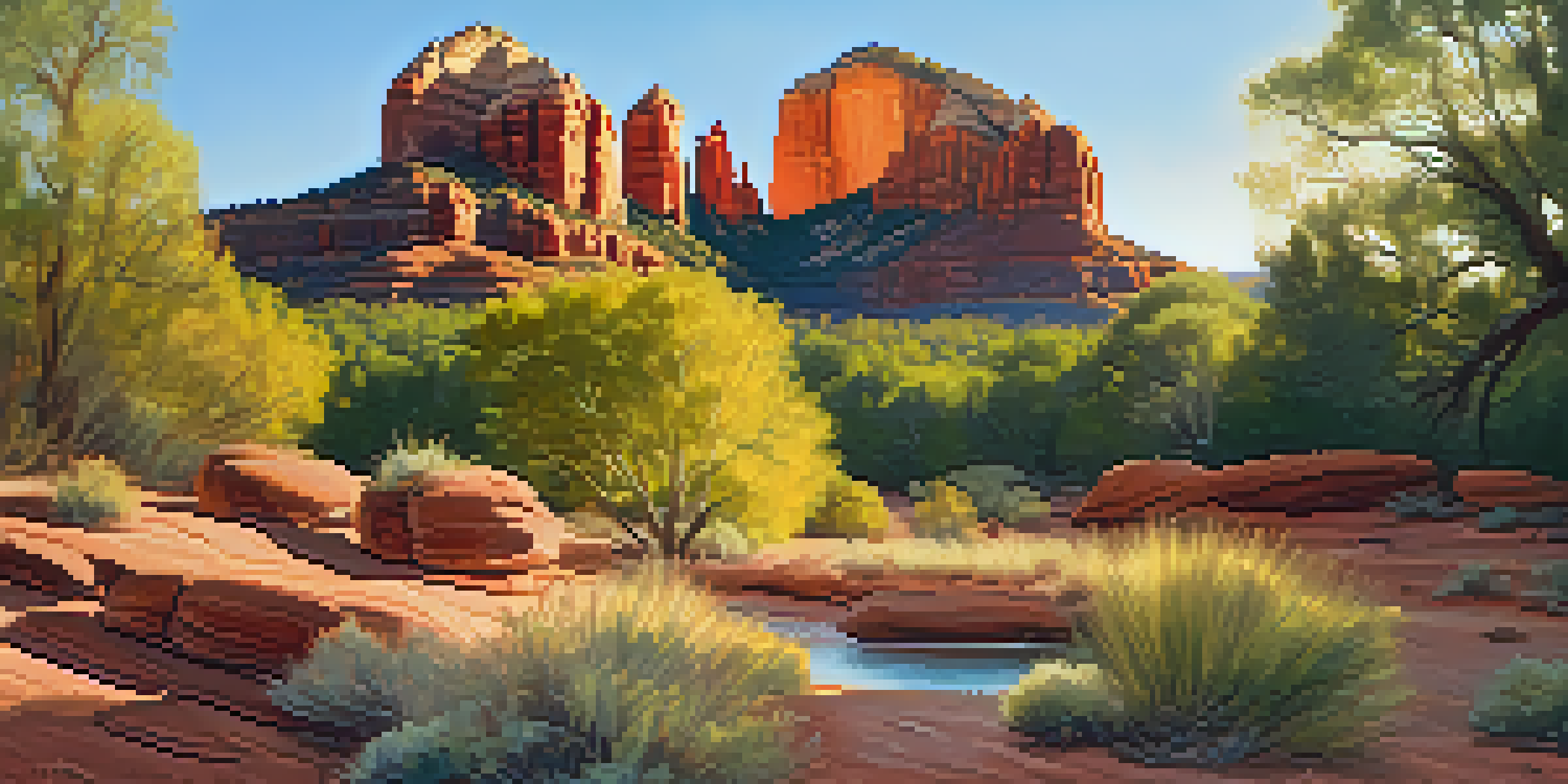 A tranquil morning scene at Cathedral Rock with a yoga mat and crystals, illuminated by warm sunlight.