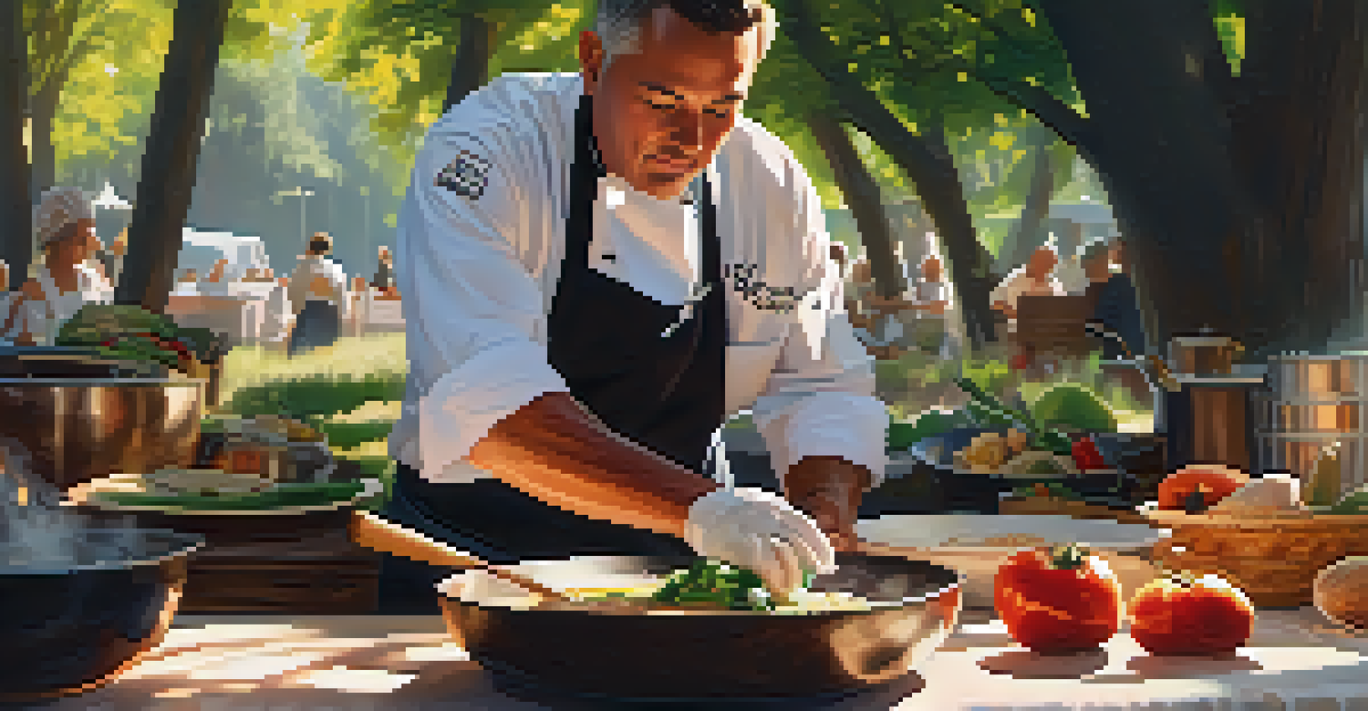 A local chef in a white apron preparing fresh ingredients during a cooking demonstration at the festival.