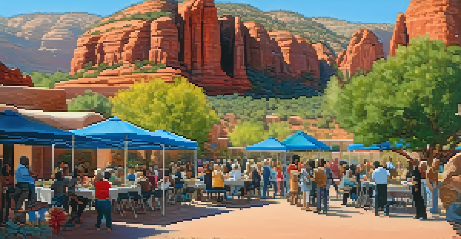 A community gathering outside a Sedona church, with diverse individuals sharing food and conversation against the backdrop of red rock formations.