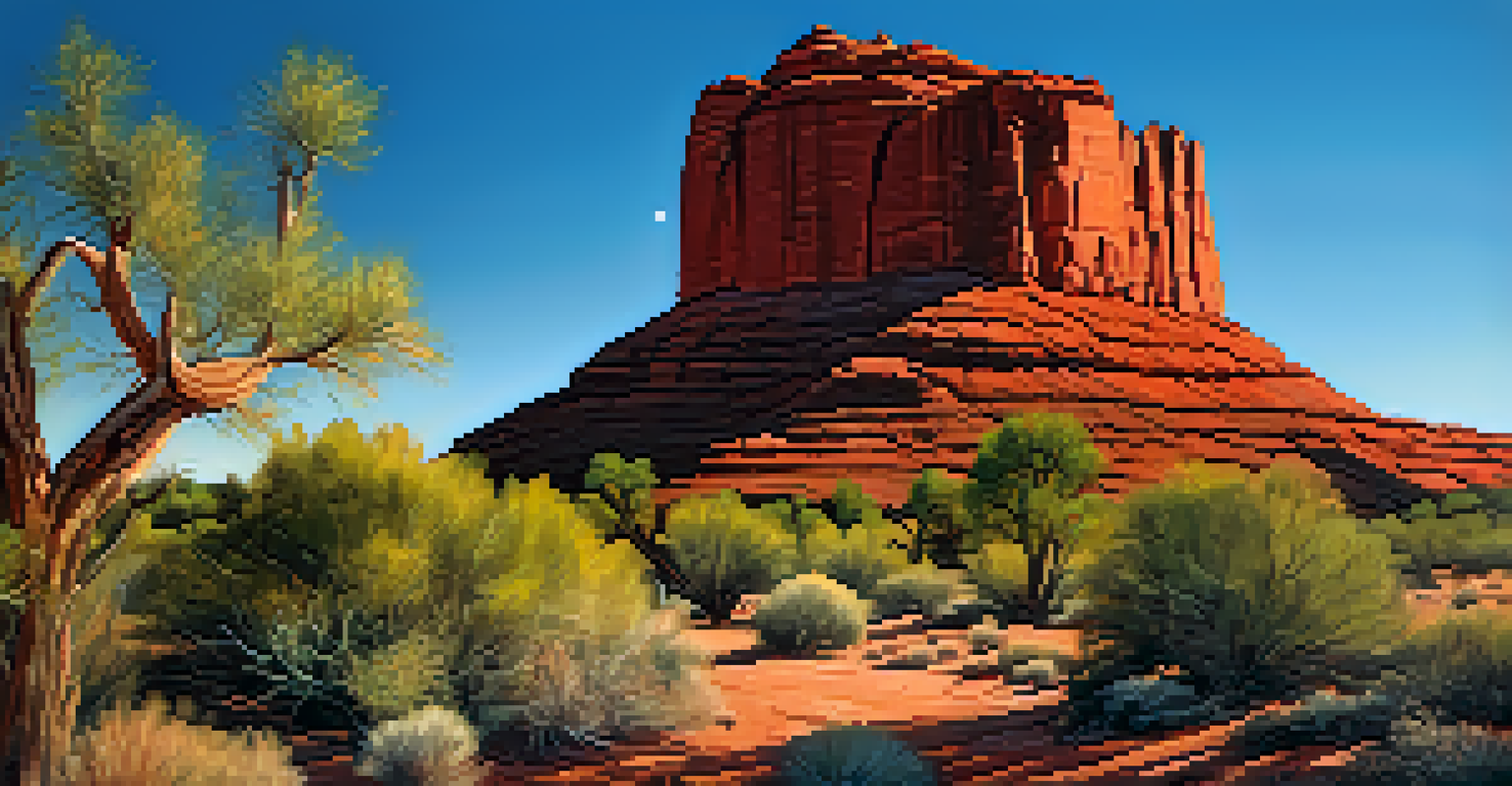 Bell Rock illuminated by golden hour light with clear blue skies and desert vegetation in the foreground.