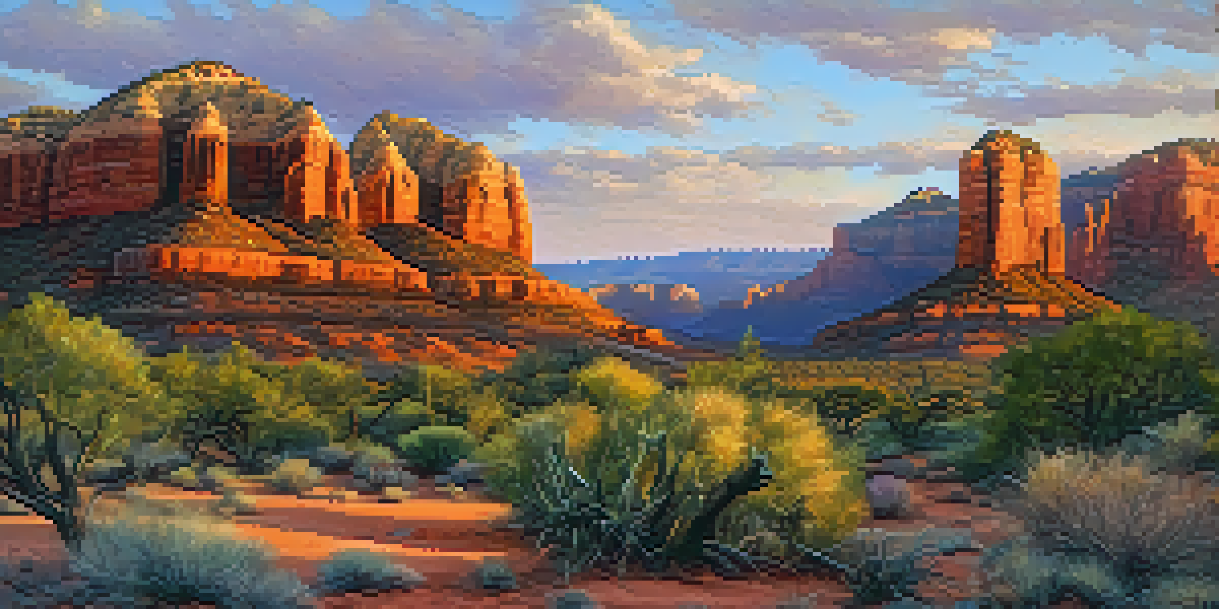 A panoramic view of red rock formations in Sedona during sunset, with vibrant colors in the sky and intricate textures on the cliffs.