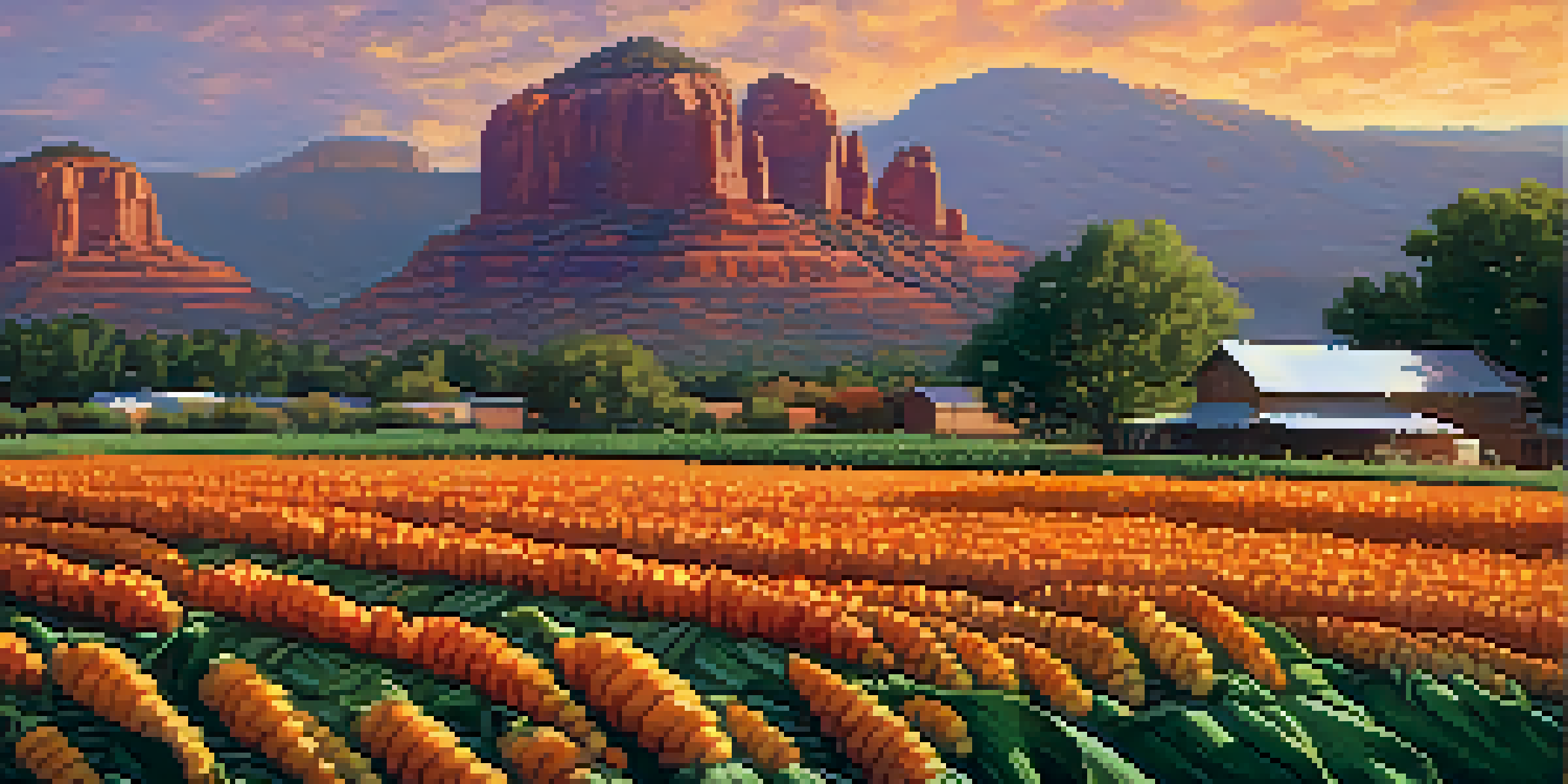 A sunset landscape of Sedona featuring agricultural fields with rows of corn, beans, and squash, and a traditional Native American structure in the background.