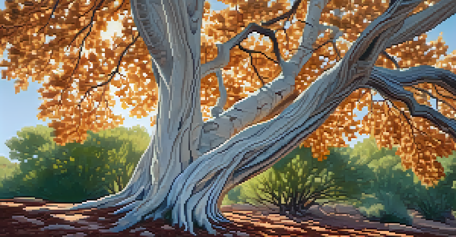 Close-up of an Arizona Sycamore tree with white bark and green leaves, sunlight filtering through its branches, with Sedona's red rocks blurred in the background.
