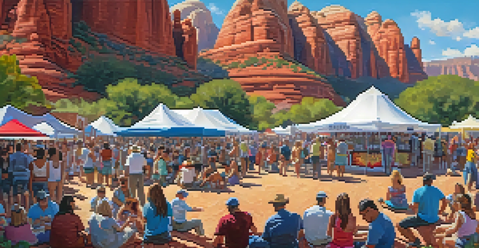 A lively outdoor music festival in Sedona with red rock formations in the background, featuring a diverse crowd enjoying live music and food vendors.