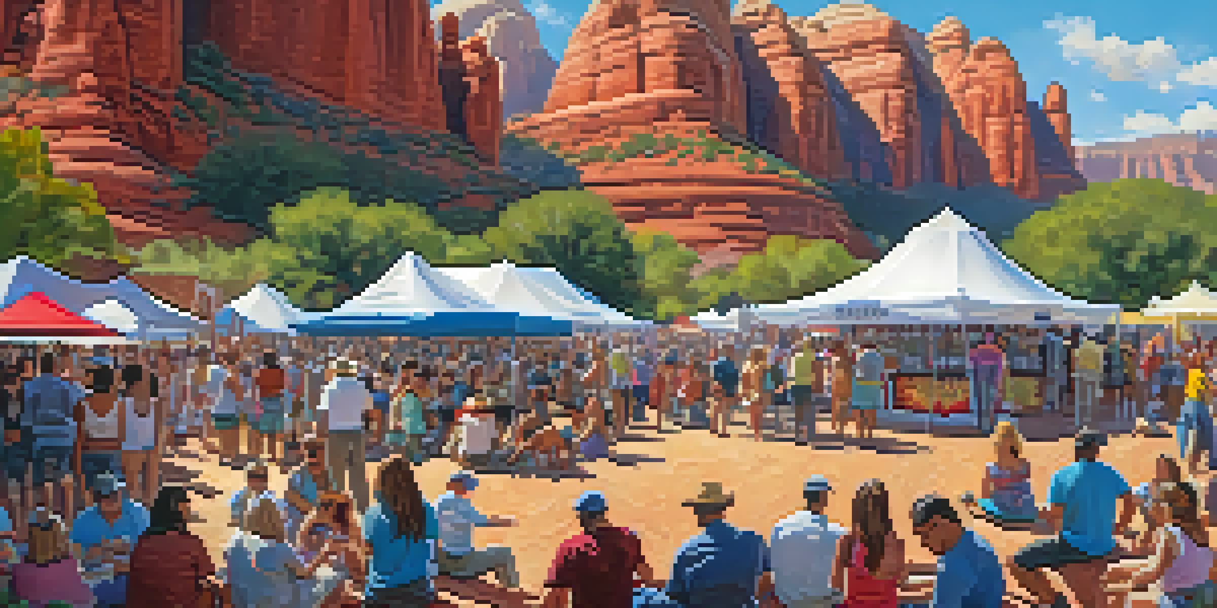A lively outdoor music festival in Sedona with red rock formations in the background, featuring a diverse crowd enjoying live music and food vendors.