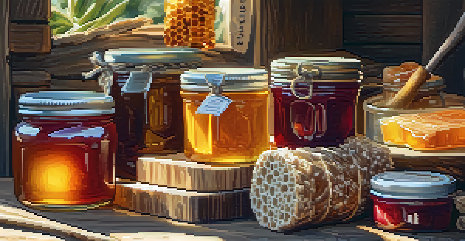 A close-up display of artisanal products including jams, honey, and soaps at a farmers' market, beautifully arranged on a wooden table.