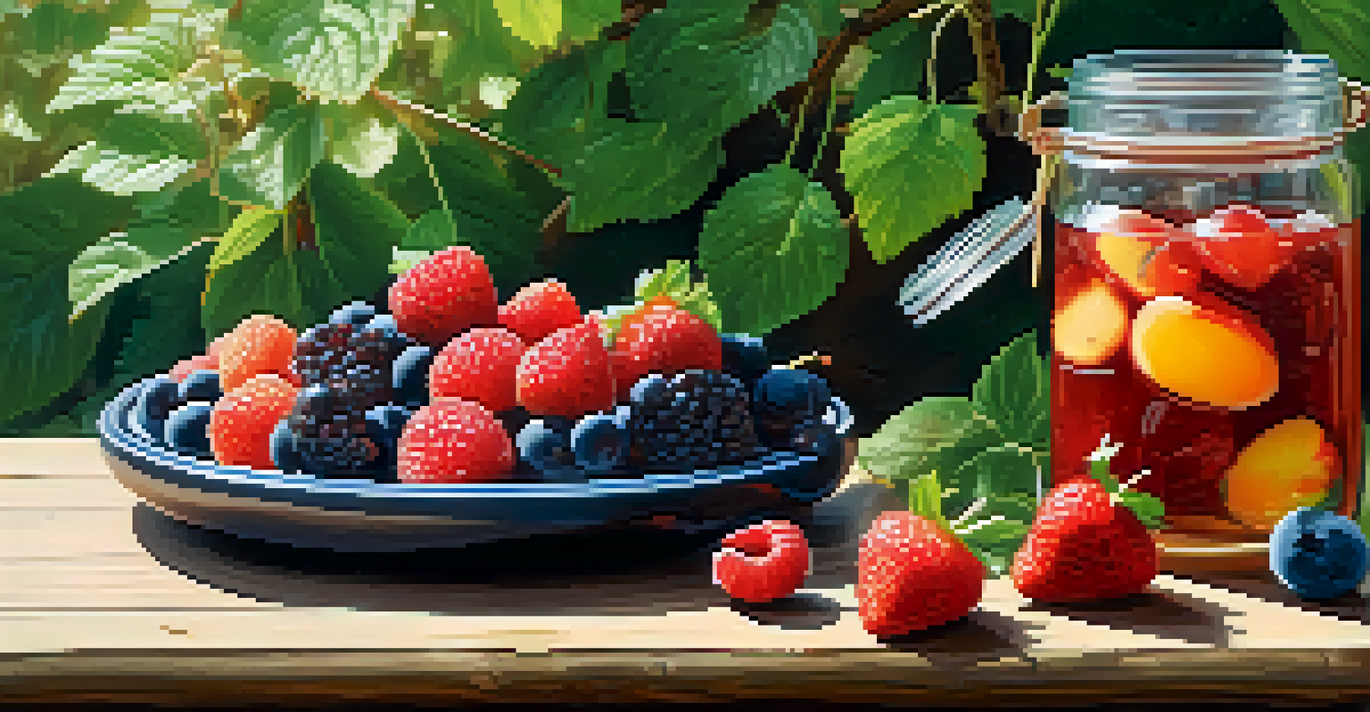 Close-up of a wooden table with fresh summer berries and stone fruits, alongside a jar of homemade berry jam.