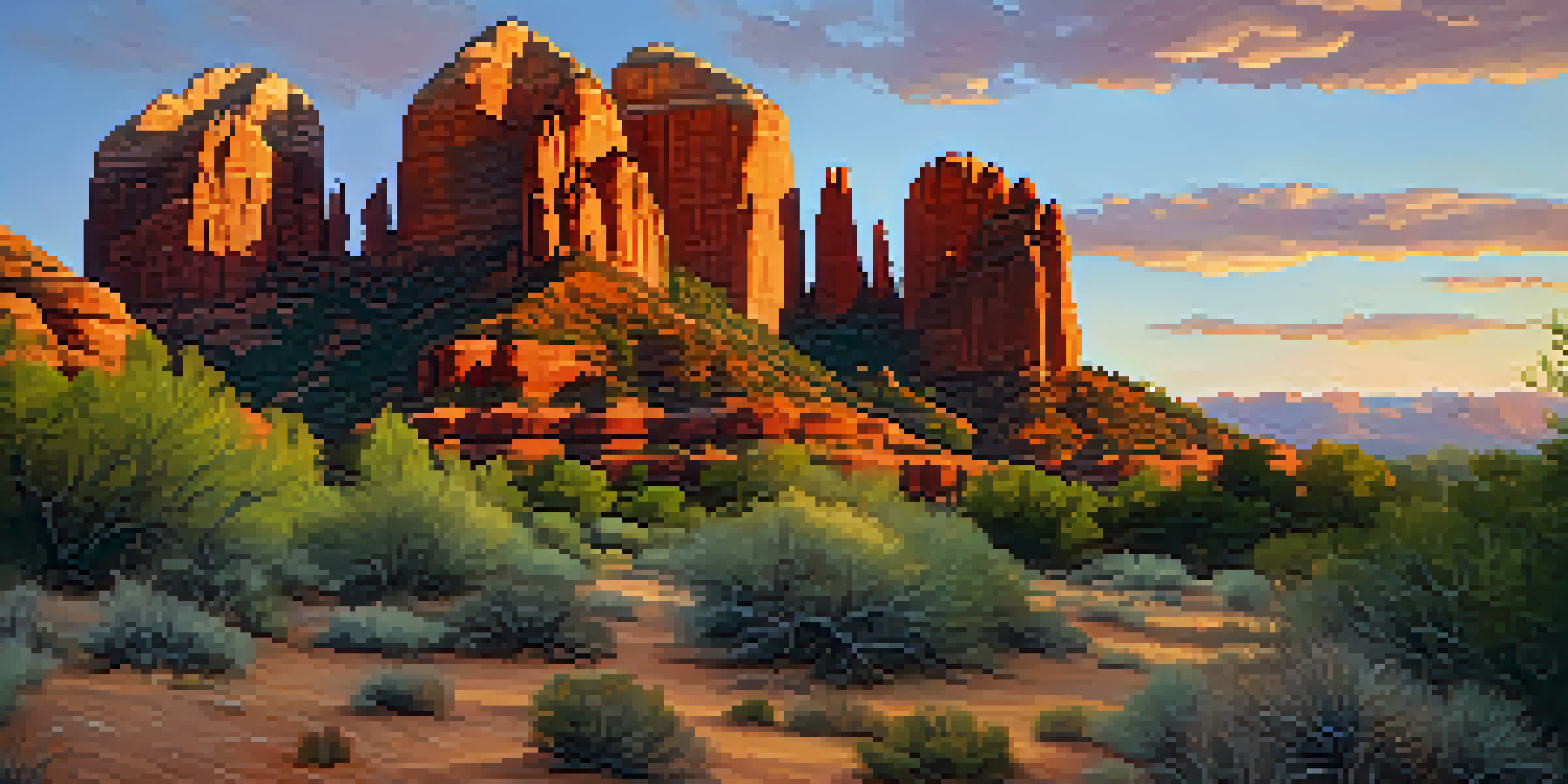A scenic view of Cathedral Rock during sunset, with golden light illuminating the red rock formations and surrounding greenery.
