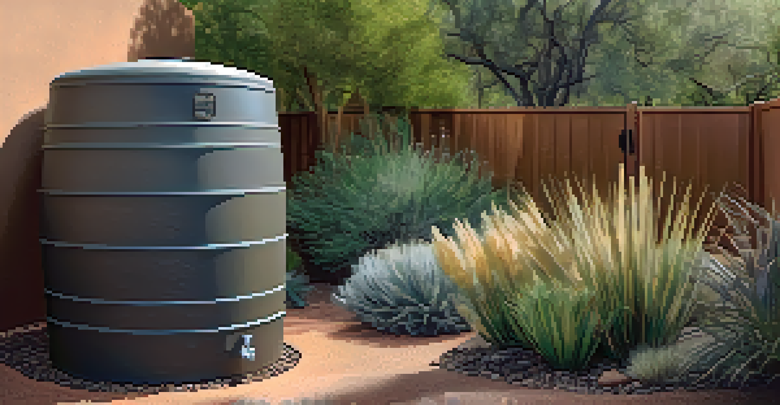 Close-up of a rainwater harvesting system in a Sedona backyard with drought-resistant plants.