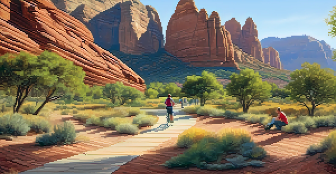 A scenic view of Red Rock State Park with accessible trails. Visitors of different abilities are enjoying the beautiful red rock formations under warm sunlight.