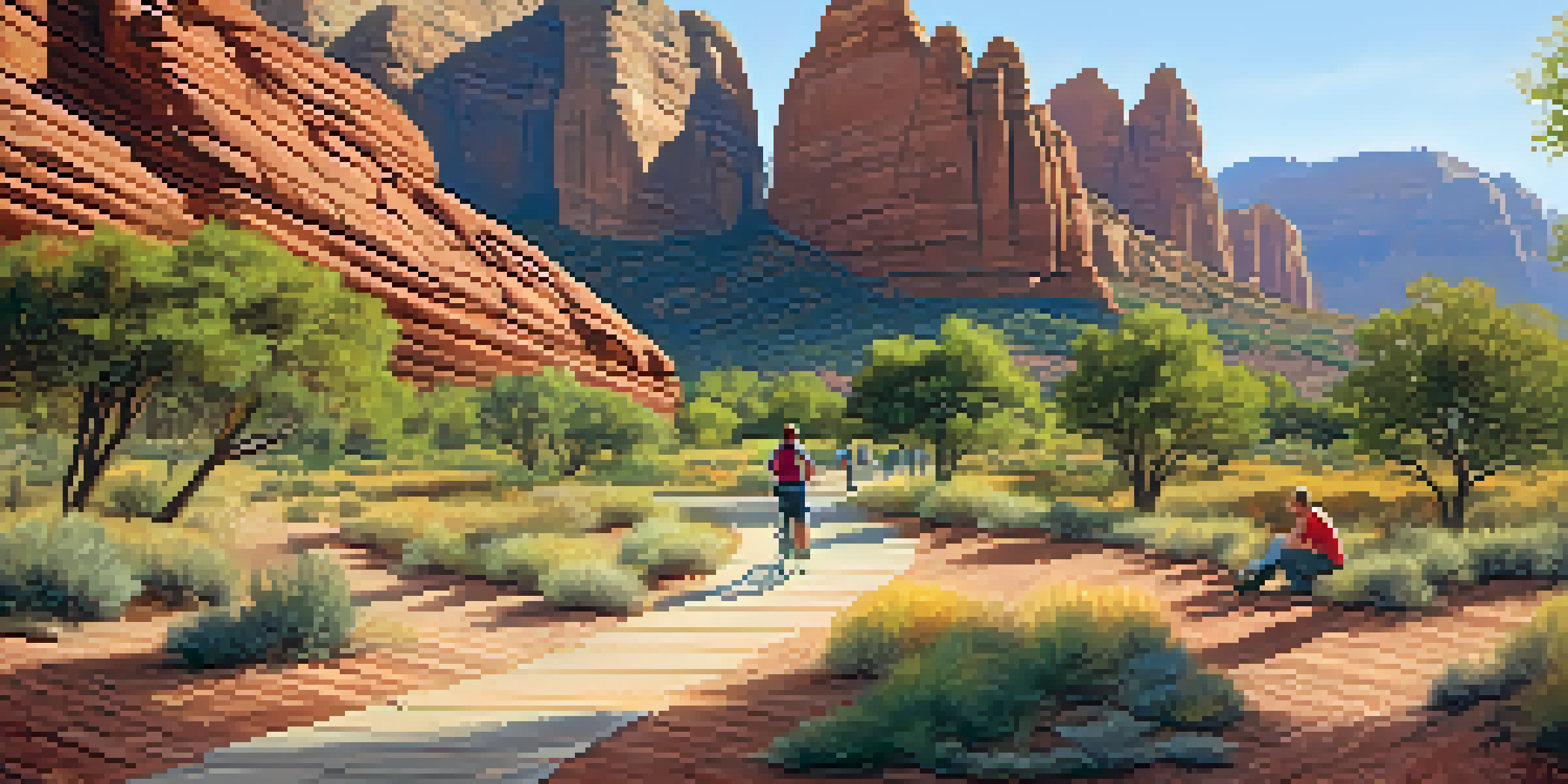 A scenic view of Red Rock State Park with accessible trails. Visitors of different abilities are enjoying the beautiful red rock formations under warm sunlight.