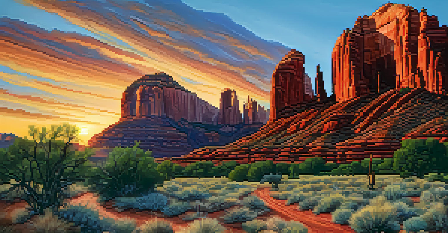 Silhouette of Cathedral Rock at sunrise, with colorful sky and textured red rocks in the foreground.