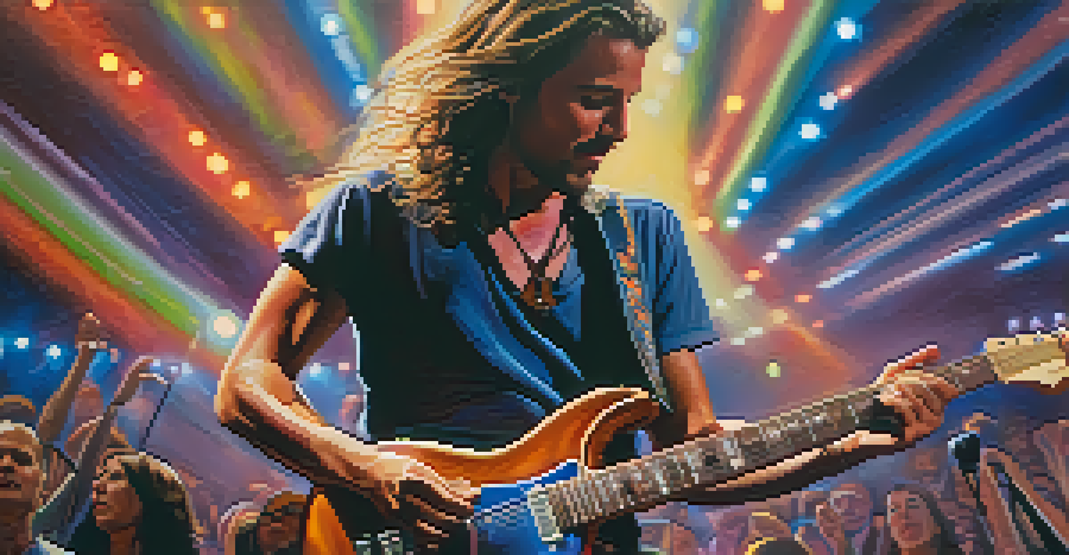 A close-up of a passionate musician playing an electric guitar on stage with vibrant lights in the background.