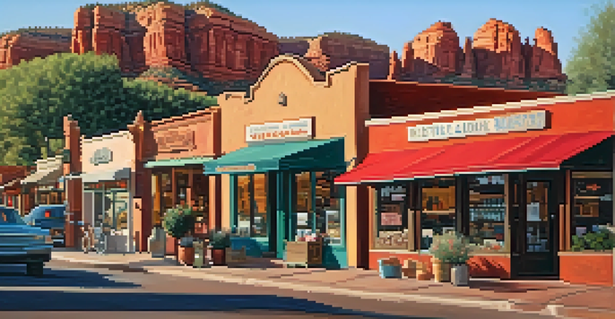 A vibrant street in Sedona with small businesses, colorful storefronts, and red rock formations under a golden sunset.