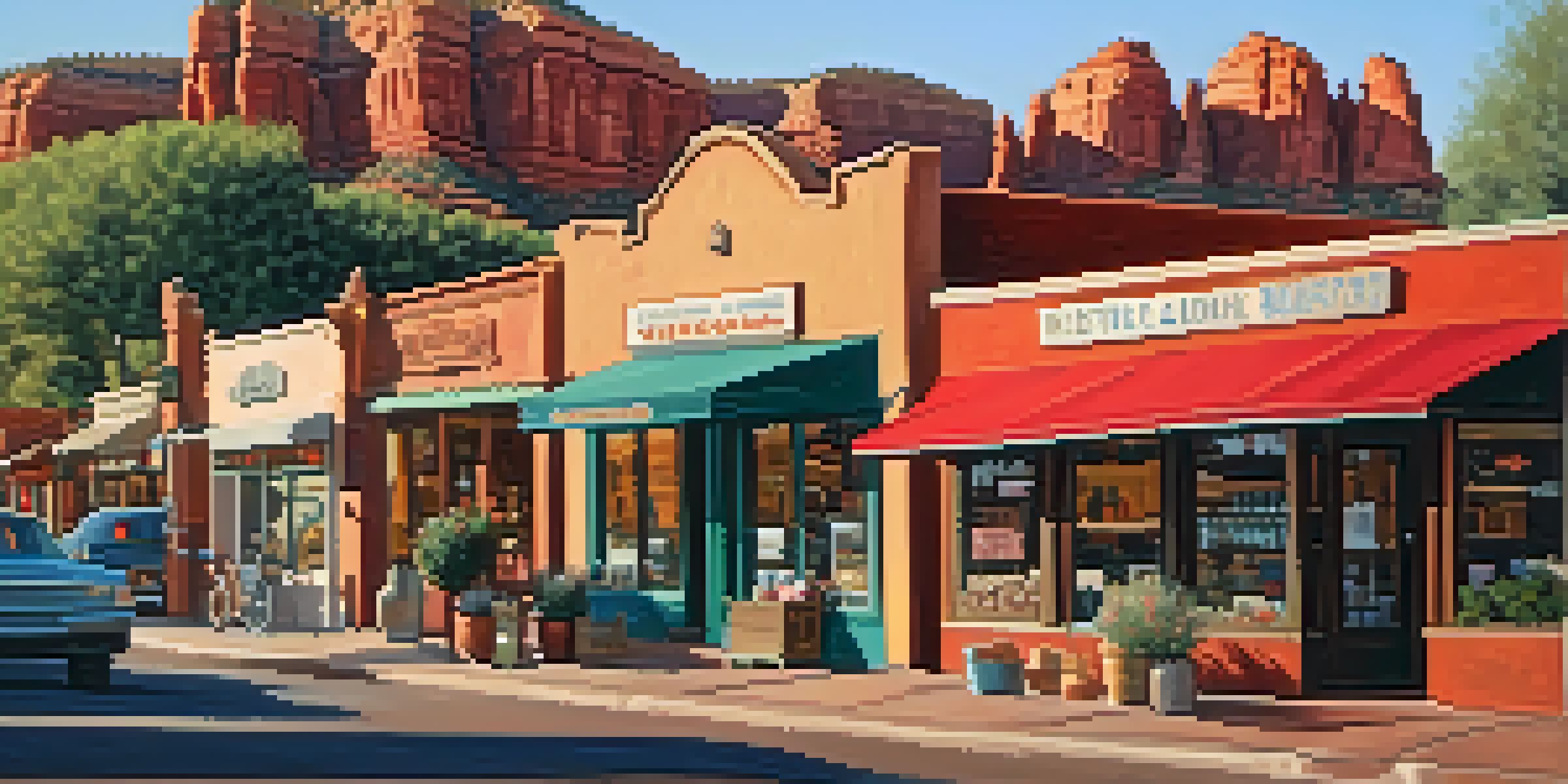 A vibrant street in Sedona with small businesses, colorful storefronts, and red rock formations under a golden sunset.