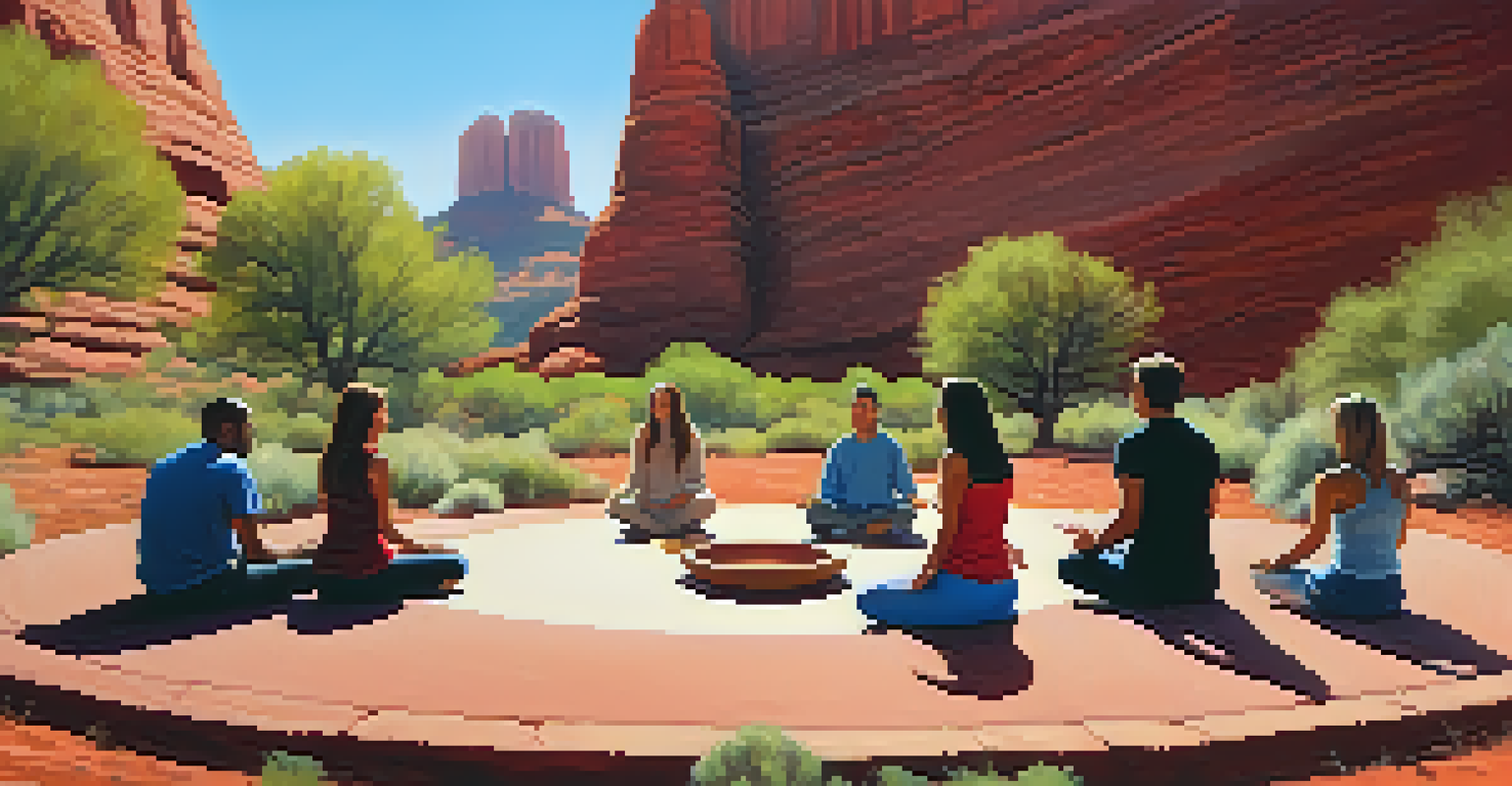 A diverse group of people meditating in a circle at a Sedona vortex site, surrounded by red rock formations.