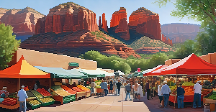 A bustling outdoor market in Sedona with colorful stalls of fresh produce and handmade crafts, set against red rock formations.