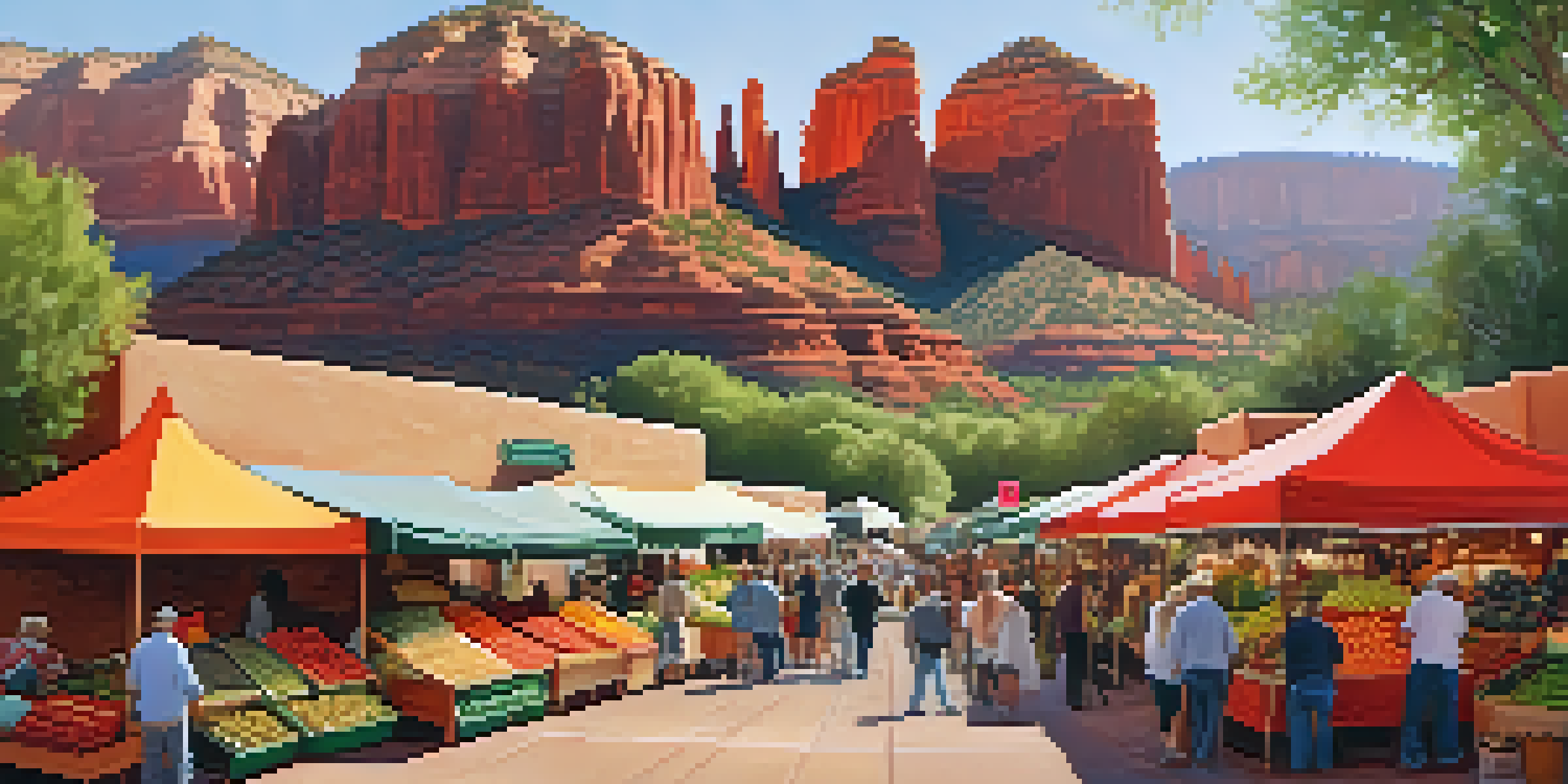 A bustling outdoor market in Sedona with colorful stalls of fresh produce and handmade crafts, set against red rock formations.