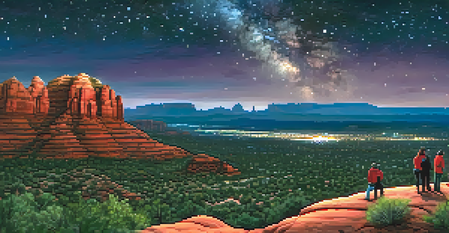 A night scene in Sedona showing a star-filled sky with silhouettes of red rock formations, and people stargazing with a telescope.