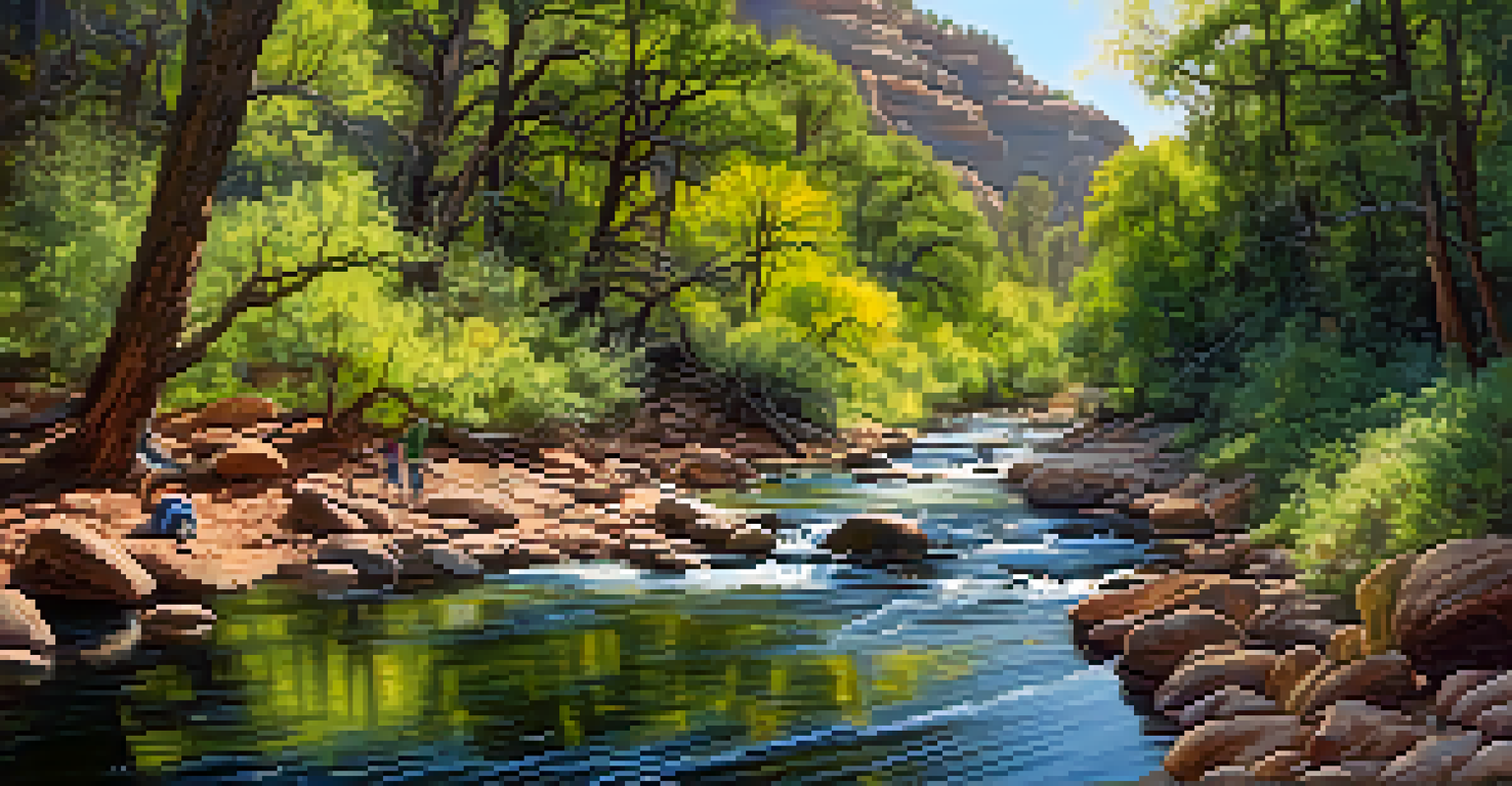A vibrant view of Oak Creek Canyon with lush vegetation, a creek, and hikers along a trail, featuring kingfishers diving for fish.
