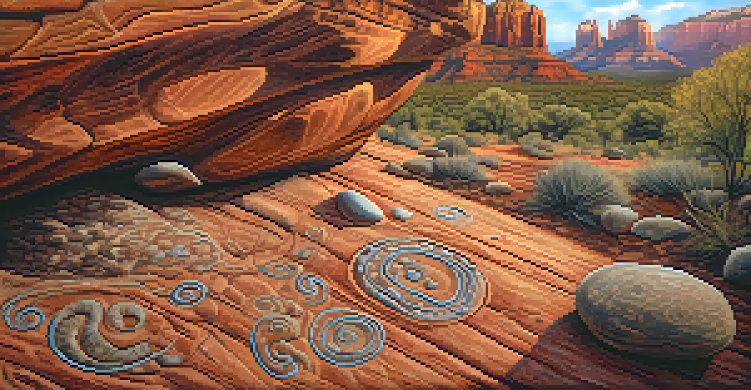 Close-up of ancient rock art symbols on a cliff in Sedona, showcasing intricate designs and the texture of the rock surface.