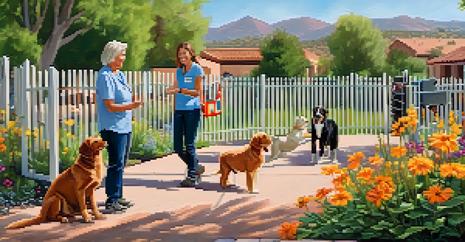 Volunteers playing with puppies at the Humane Society of Sedona, surrounded by a sunny yard filled with flowers, showcasing a joyful atmosphere.