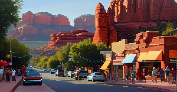 A scenic view of Sedona's art walk, showcasing galleries with warm lights, people admiring art, and red rock formations in the backdrop.