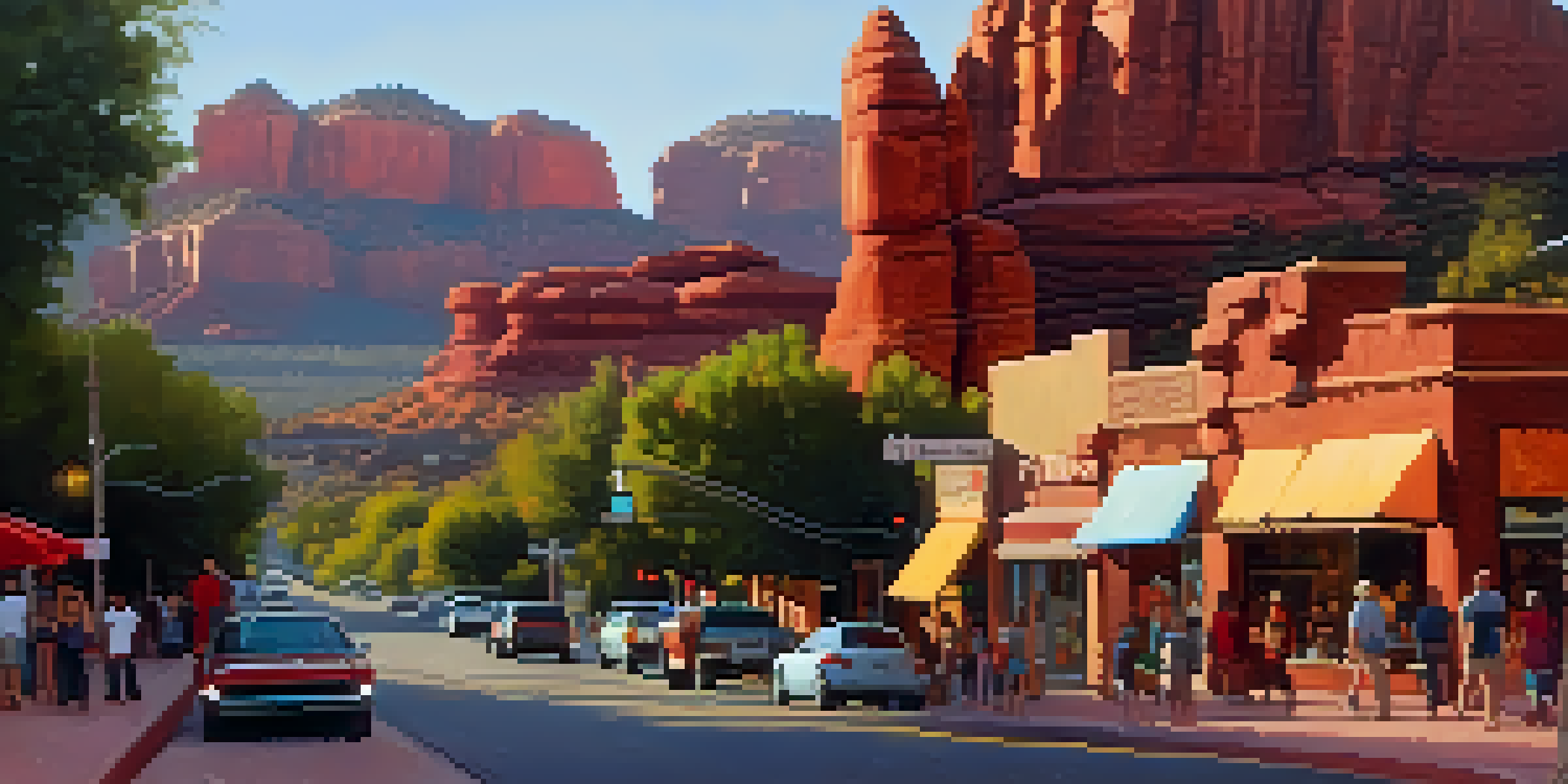 A scenic view of Sedona's art walk, showcasing galleries with warm lights, people admiring art, and red rock formations in the backdrop.