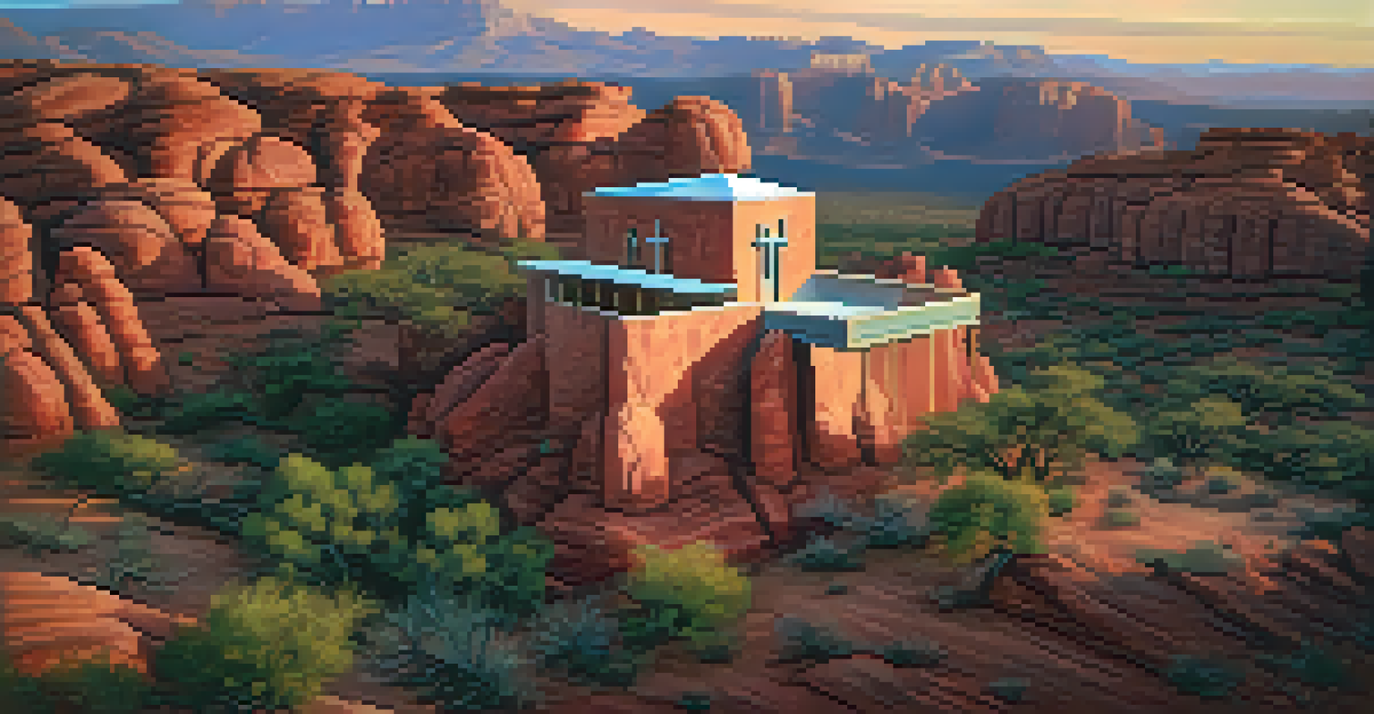 An aerial view of the Chapel of the Holy Cross on red rocks, with deer in the landscape below and a colorful sunset sky.