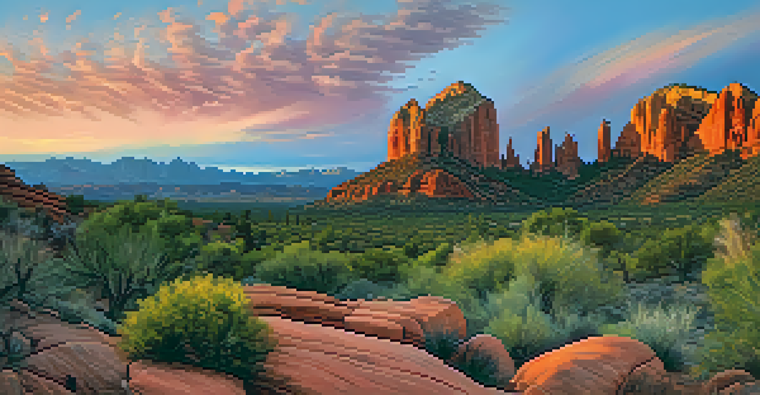 A breathtaking sunset view from Baldwin Trail with Cathedral Rock in the background, showcasing vibrant colors in the sky.