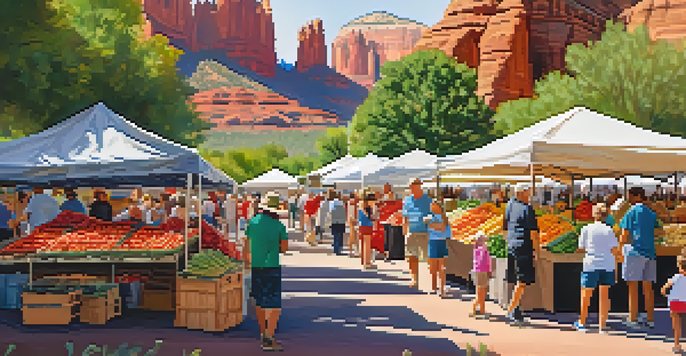 A bustling farmers' market in Sedona with colorful produce stalls and red rock formations in the background, featuring families and vendors.